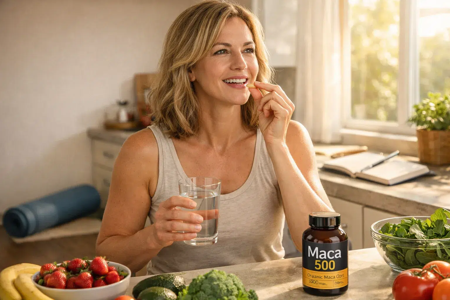 vrouw neemt maca capsules