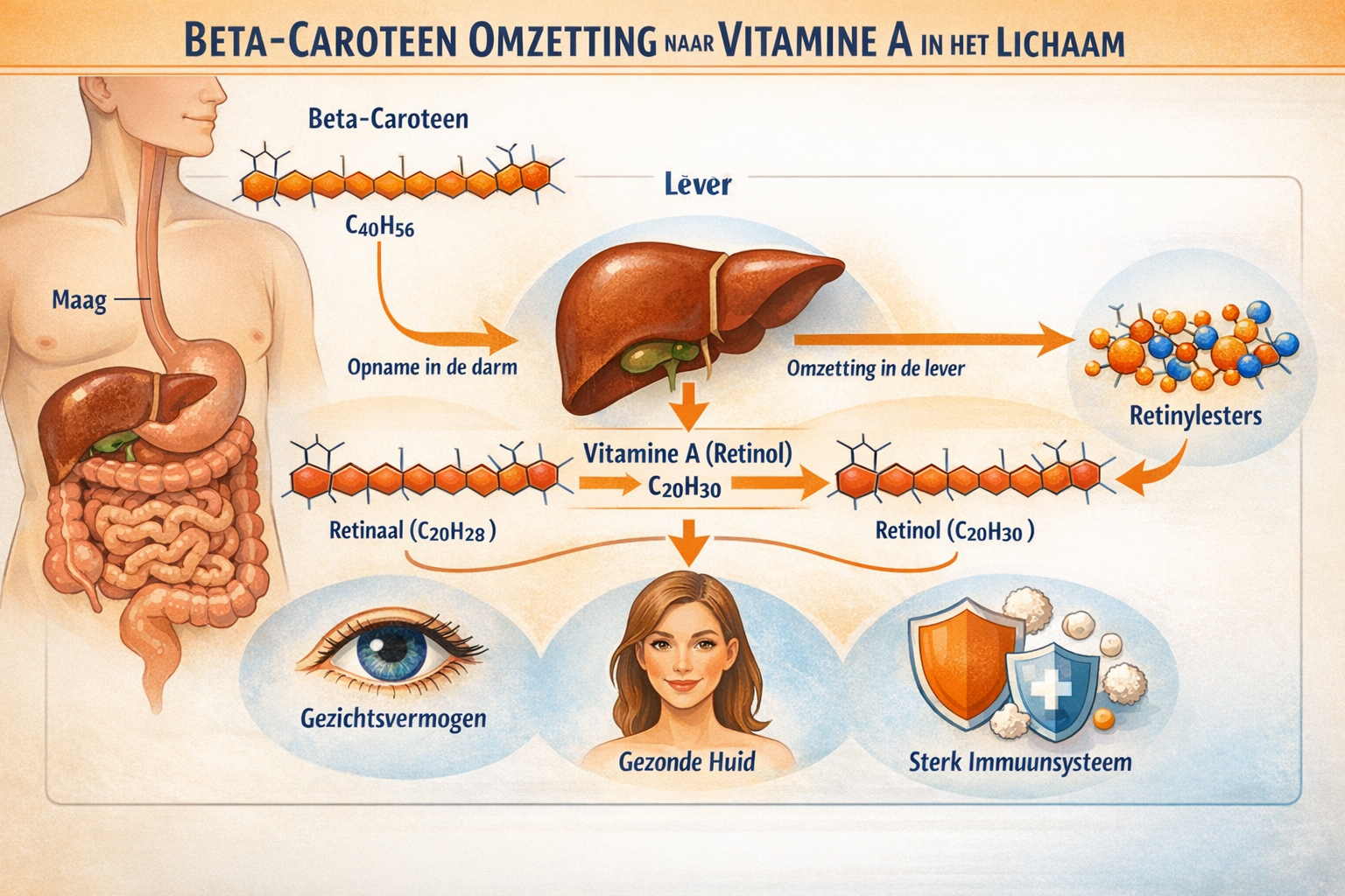 Detailed landscape infographic (1536x1024) showing beta-carotene conversion process in human body, with illustrated digestive system, liver 