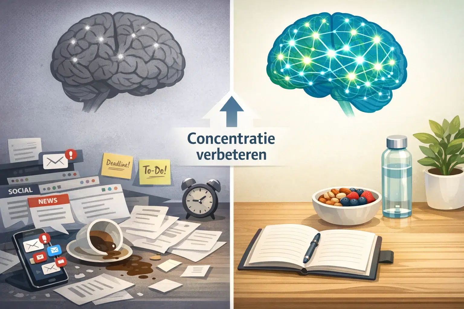 Afbeeldingen met Nederlandse tekst Landscape format (1536x1024) detailed illustration showing split-screen comparison of distracted versus f