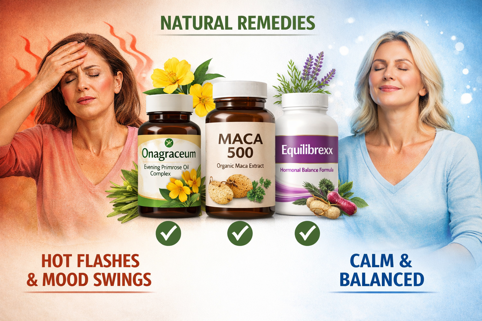 Visual comparison chart showing natural remedies for hot flashes and mood swings, split-screen layout featuring left side with stressed woma