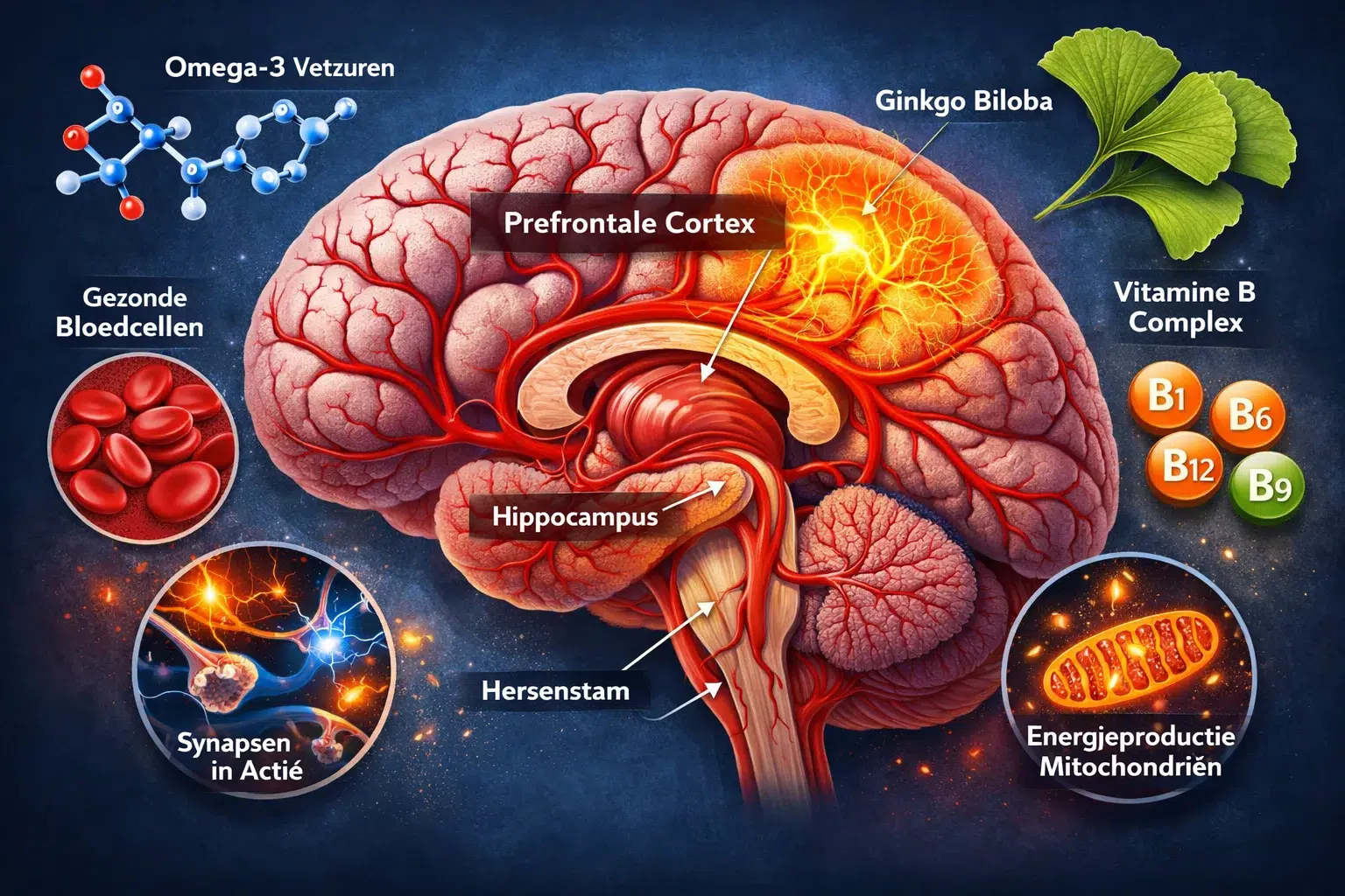 Afbeeldingen met Nederlandse tekst Landscape format (1536x1024) scientific yet accessible illustration of human brain cross-section highligh