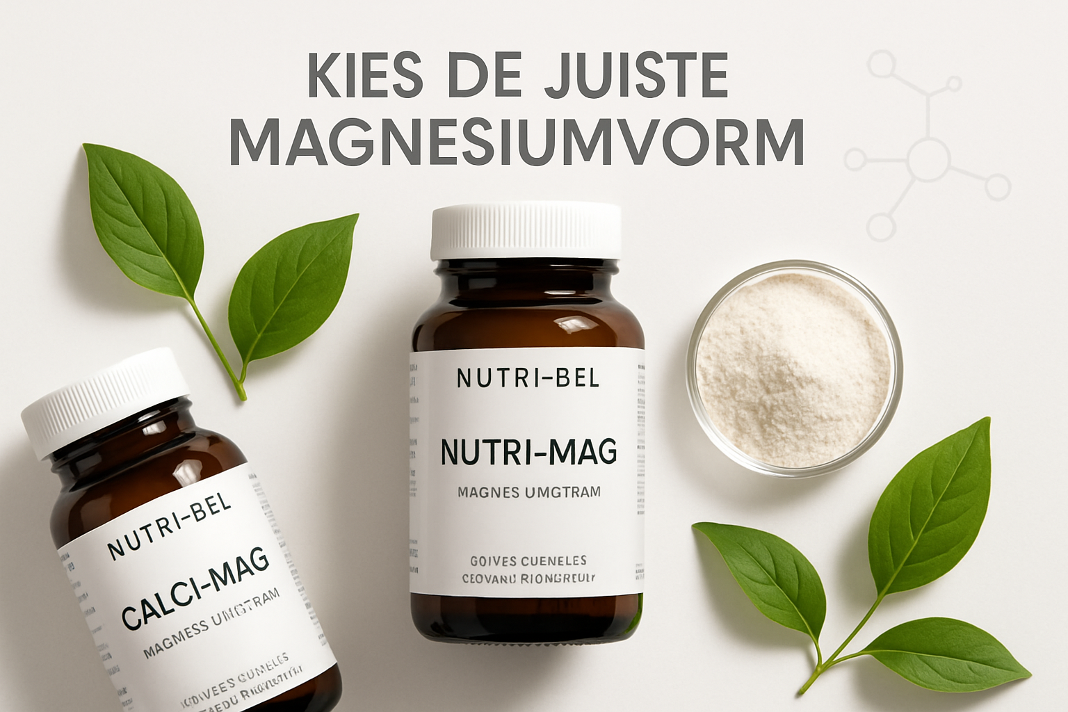 Product showcase photograph featuring Nutri-Bel magnesium supplements on clean white background with natural elements. Center: Nutri-Mag bot