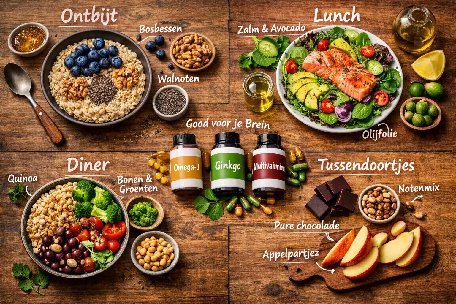 Afbeeldingen met Nederlandse tekst Landscape format (1536x1024) overhead flat-lay photography of daily meal plan supporting brain health and