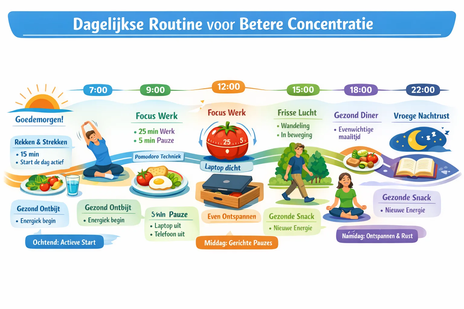Afbeeldingen met Nederlandse tekst Landscape format (1536x1024) infographic-style illustration showing daily concentration improvement routi